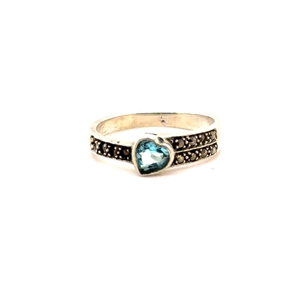 Sterling Silver Blue Topaz Heart Marcasite Vintage Style Ring Size 7